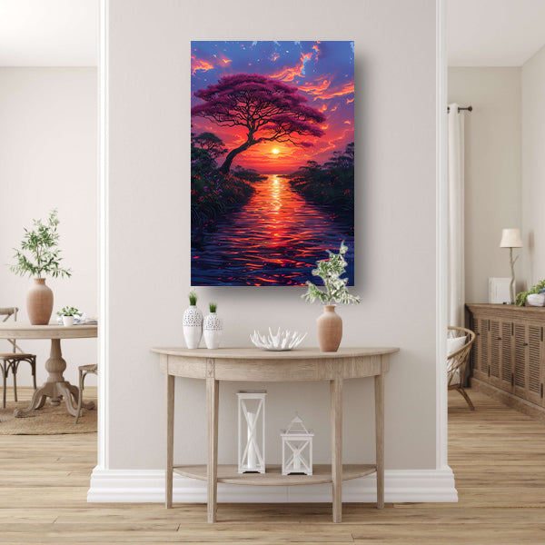 Avondzon kleurt bloesemboom canvas