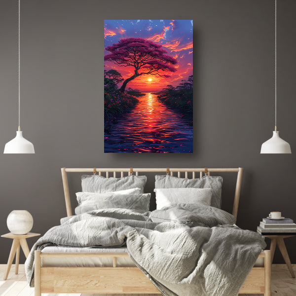 Avondzon kleurt bloesemboom canvas met baklijst