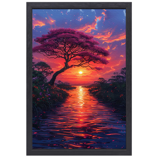 Avondzon kleurt bloesemboom canvas met baklijst