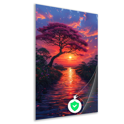 Avondzon kleurt bloesemboom poster