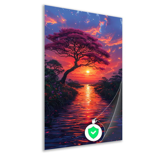 Avondzon kleurt bloesemboom poster