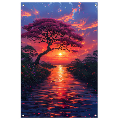 Avondzon kleurt bloesemboom tuinposter
