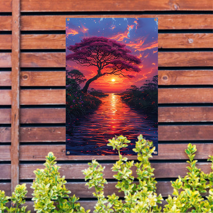 Avondzon kleurt bloesemboom tuinposter