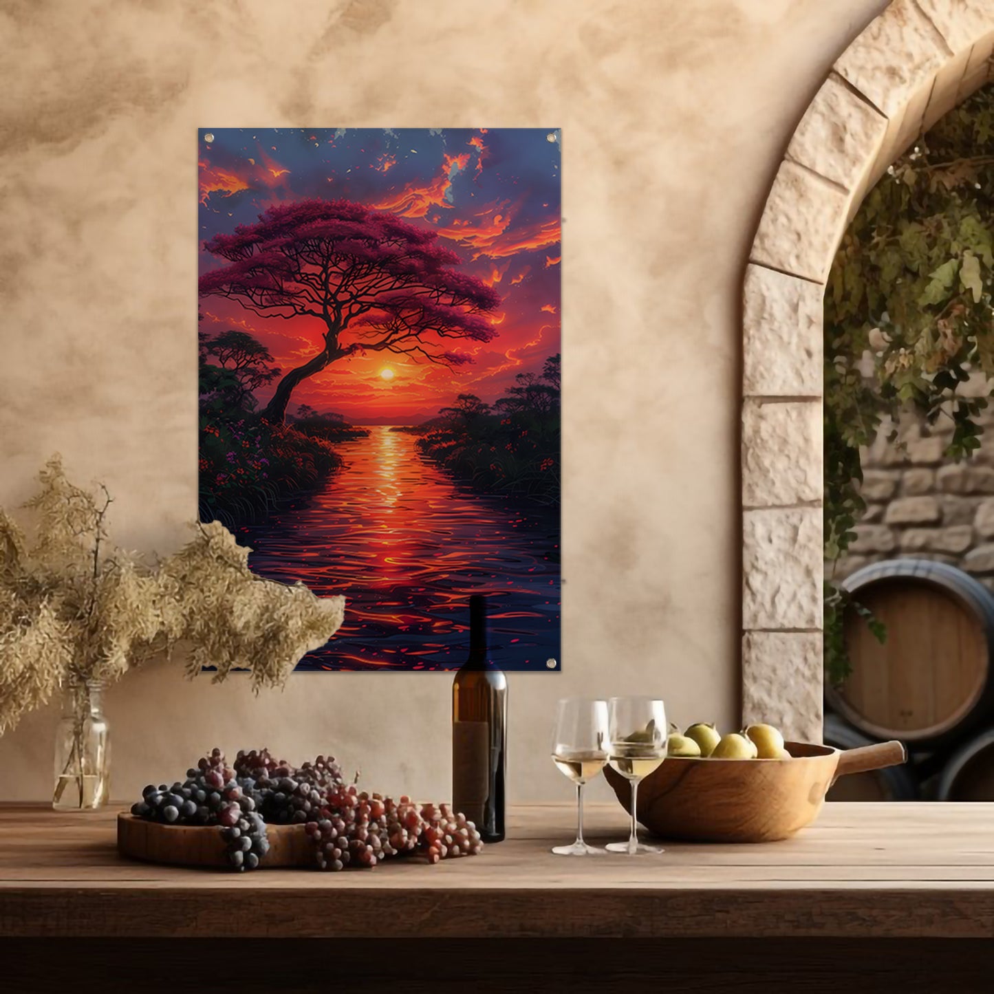 Avondzon kleurt bloesemboom tuinposter