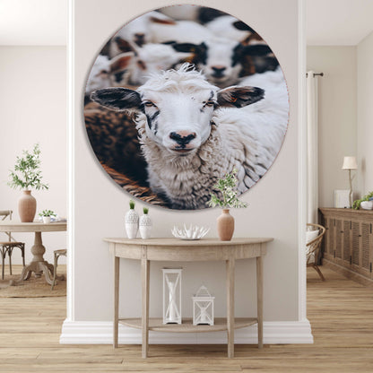 Monochroom portret van een schaap in een kudde forex muurcirkel