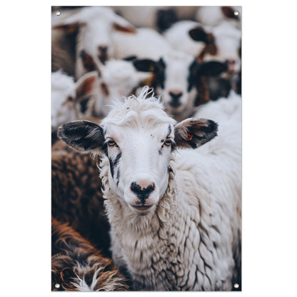 Monochroom portret van een schaap in een kudde tuinposter