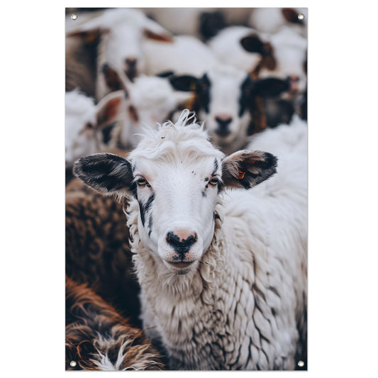 Monochroom portret van een schaap in een kudde tuinposter