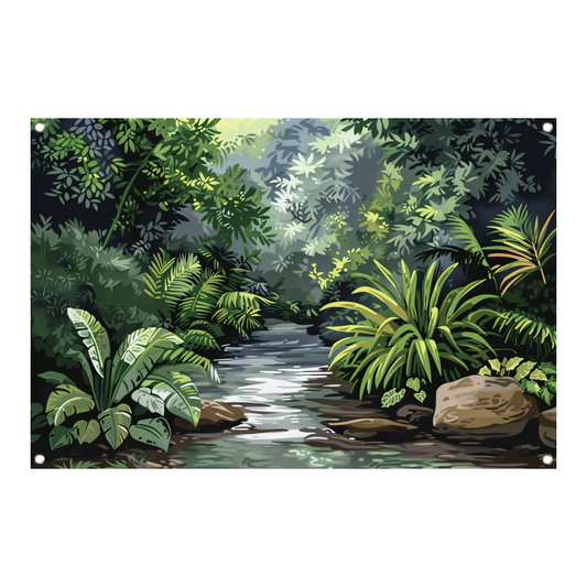 Impressionistische rivier in jungle tuinposter