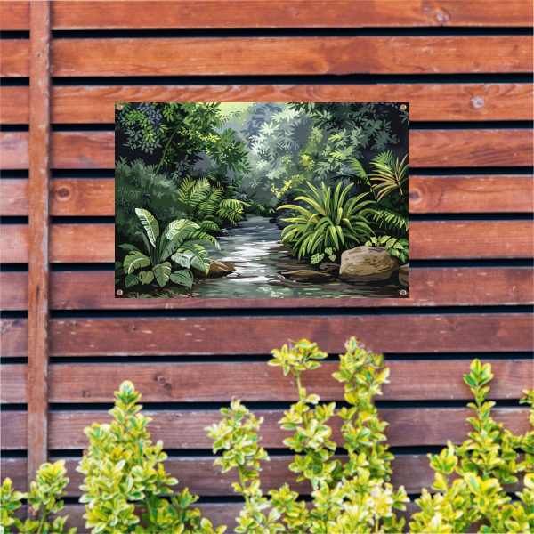 Impressionistische rivier in jungle tuinposter