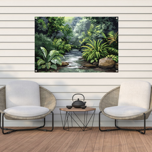 Impressionistische rivier in jungle tuinposter