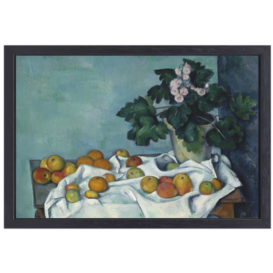 Stilleven met appels en een pot sleutelbloemen - Paul Cézanne canvas met baklijst