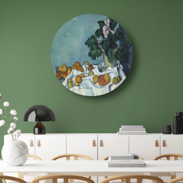 Stilleven met appels en een pot sleutelbloemen - Paul Cézanne aluminium muurcirkel
