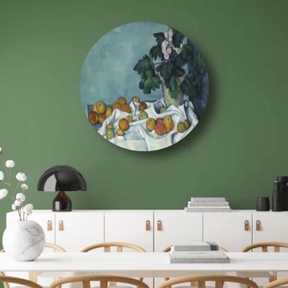 Stilleven met appels en een pot sleutelbloemen - Paul Cézanne aluminium muurcirkel