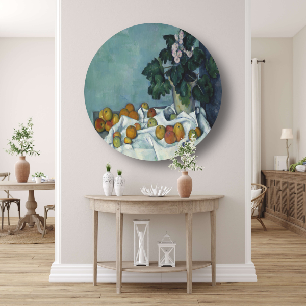 Stilleven met appels en een pot sleutelbloemen - Paul Cézanne aluminium muurcirkel