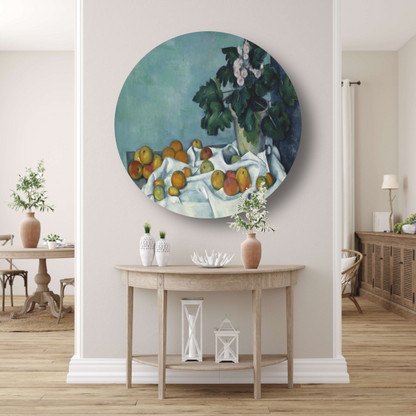 Stilleven met appels en een pot sleutelbloemen - Paul Cézanne aluminium muurcirkel
