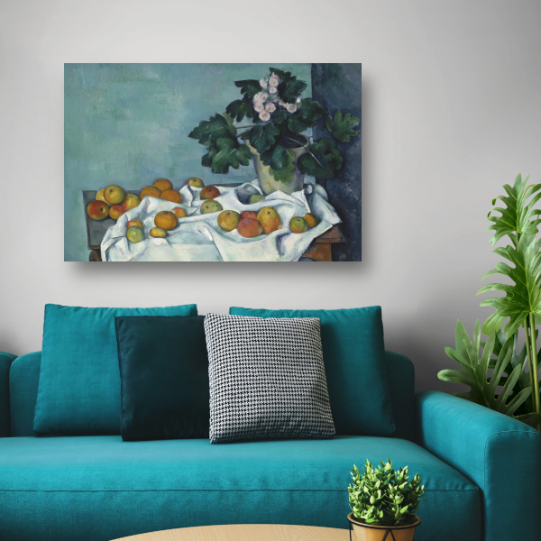 Stilleven met appels en een pot sleutelbloemen - Paul Cézanne poster