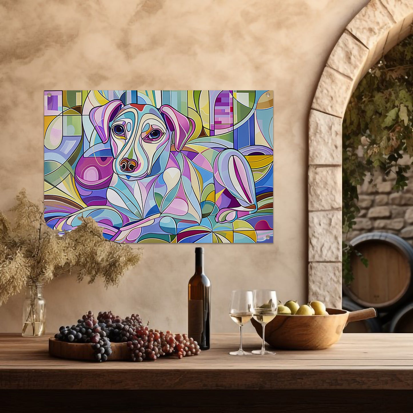 Kleurrijke abstracte illustratie van een hond tuinposter