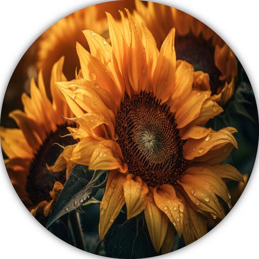Zonnebloem close-up met waterdruppels aluminium muurcirkel