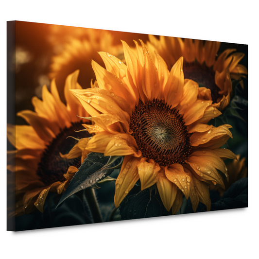 Zonnebloem close-up met waterdruppels canvas