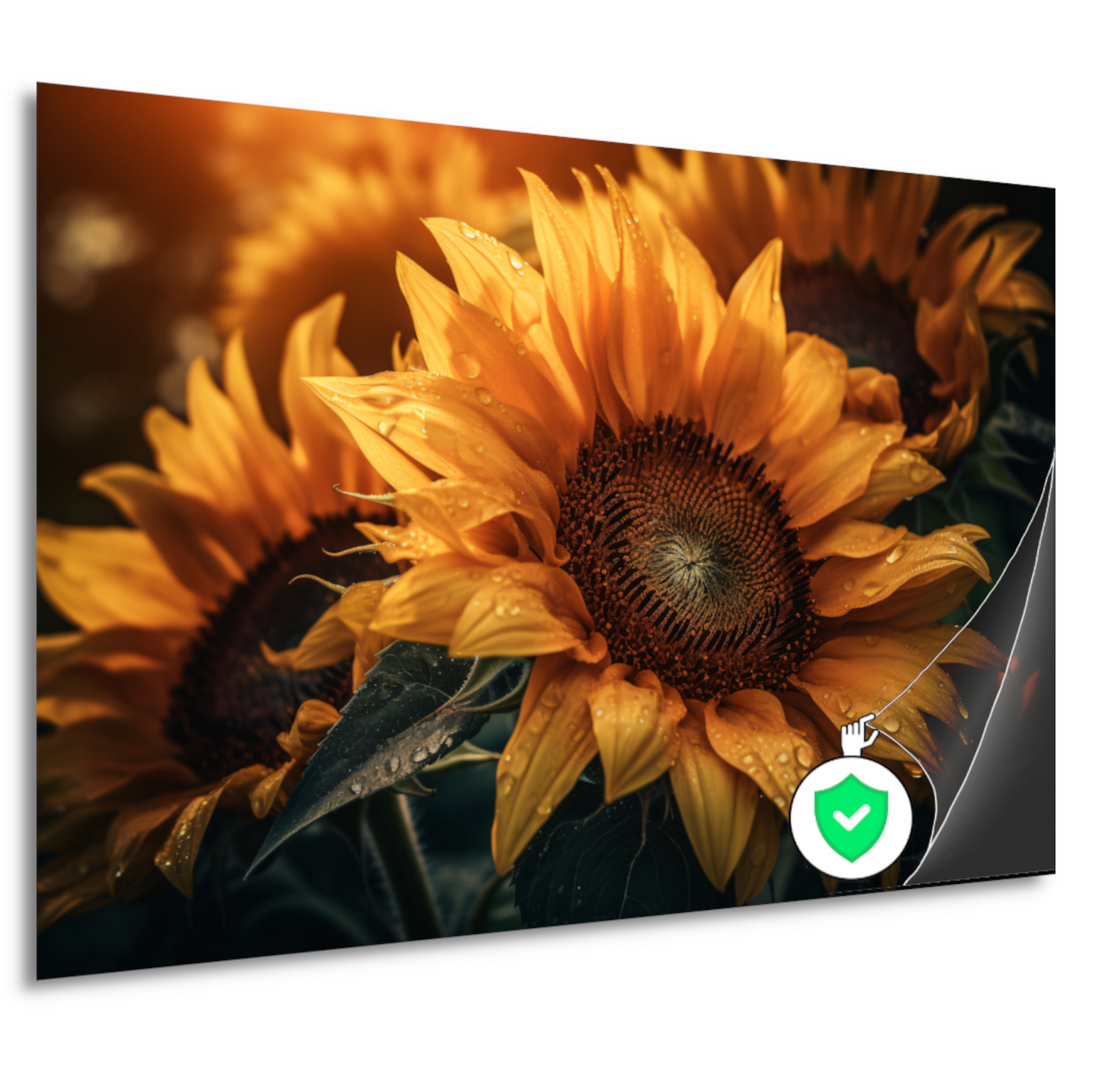 Zonnebloem close-up met waterdruppels poster