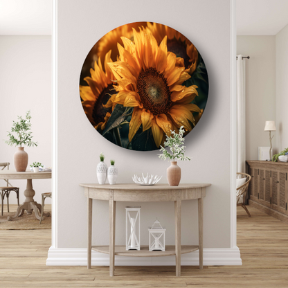 Zonnebloem close-up met waterdruppels aluminium muurcirkel