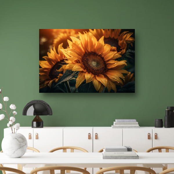 Zonnebloem close-up met waterdruppels poster