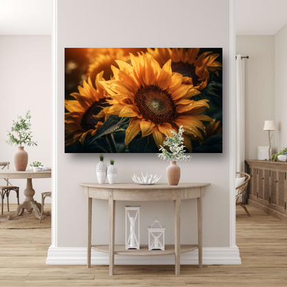 Zonnebloem close-up met waterdruppels poster