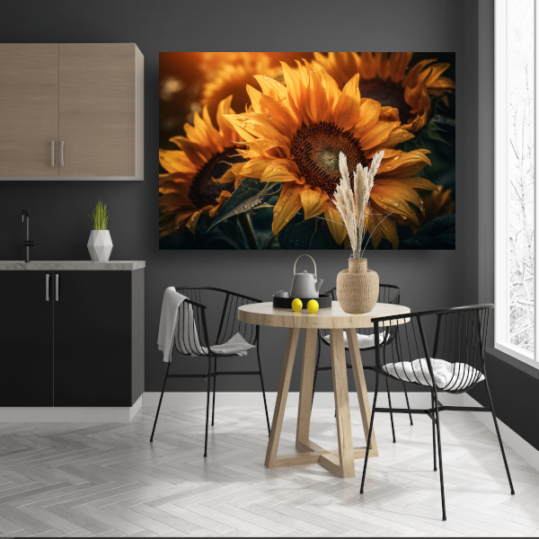 Zonnebloem close-up met waterdruppels poster