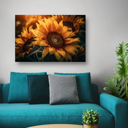 Zonnebloem close-up met waterdruppels canvas