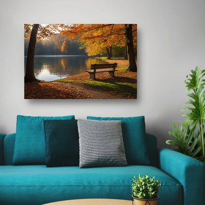 Prachtig herfstlandschap bij een rustig meer   canvas met baklijst