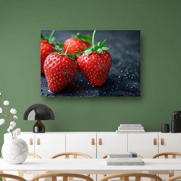 Drie glimmende aardbeien canvas met baklijst