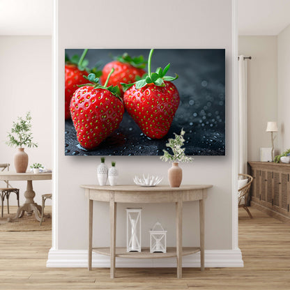 Drie glimmende aardbeien canvas met baklijst