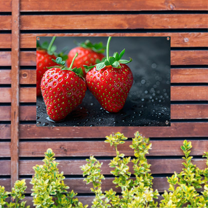 Drie glimmende aardbeien tuinposter