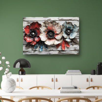 Abstracte bloemen in rood, wit en blauw canvas
