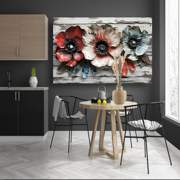 Abstracte bloemen in rood, wit en blauw canvas