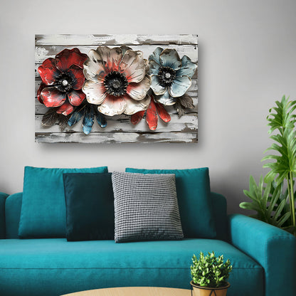 Abstracte bloemen in rood, wit en blauw canvas