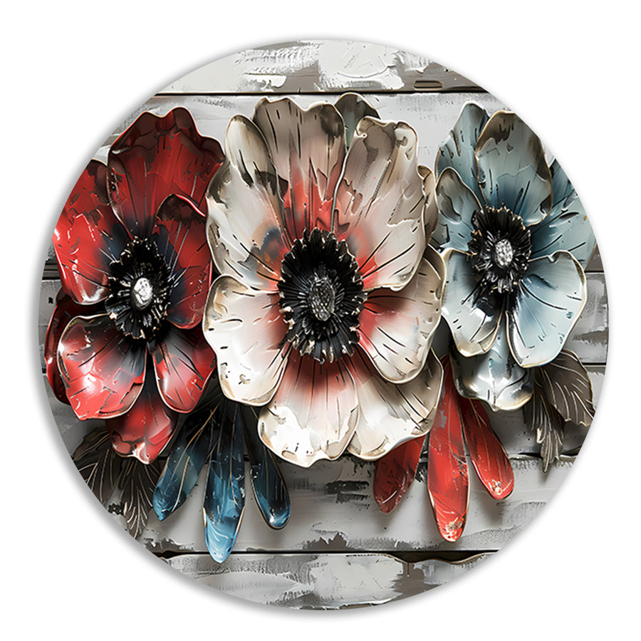 Abstracte bloemen in rood, wit en blauw aluminium muurcirkel