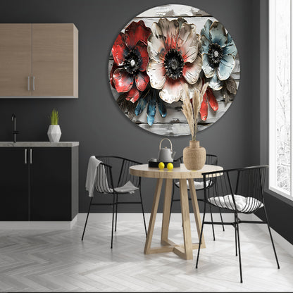 Abstracte bloemen in rood, wit en blauw forex muurcirkel