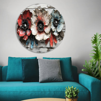 Abstracte bloemen in rood, wit en blauw forex muurcirkel