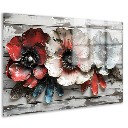 Abstracte bloemen in rood, wit en blauw acrylglas