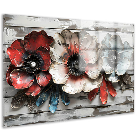 Abstracte bloemen in rood, wit en blauw acrylglas