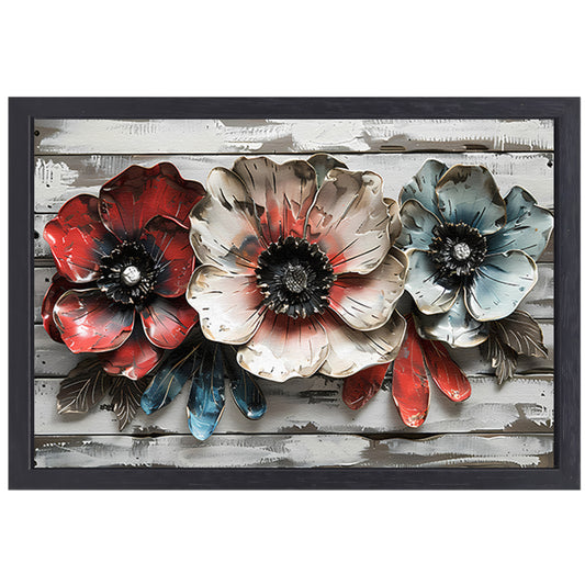Abstracte bloemen in rood, wit en blauw canvas met baklijst