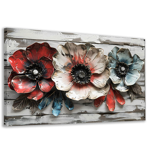 Abstracte bloemen in rood, wit en blauw canvas