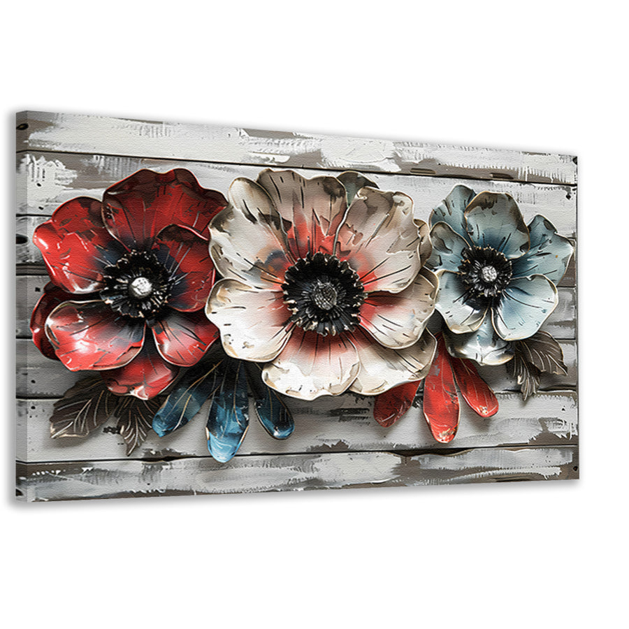 Abstracte bloemen in rood, wit en blauw canvas