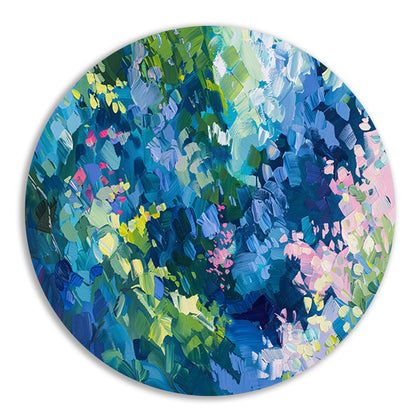 Abstracte kleurrijke bloemenveld schilderij in olie aluminium muurcirkel