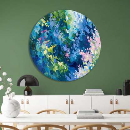 Abstracte kleurrijke bloemenveld schilderij in olie aluminium muurcirkel