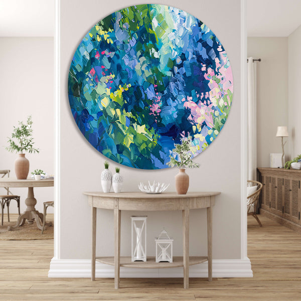 Abstracte kleurrijke bloemenveld schilderij in olie forex muurcirkel