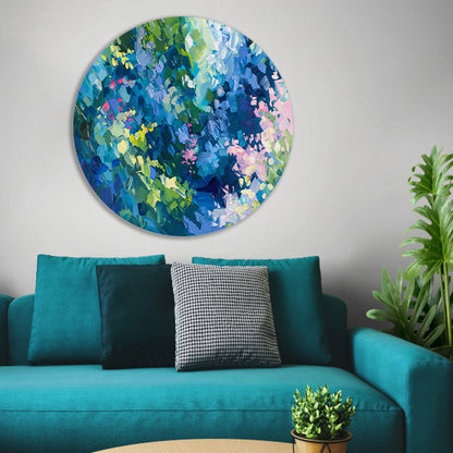 Abstracte kleurrijke bloemenveld schilderij in olie aluminium muurcirkel