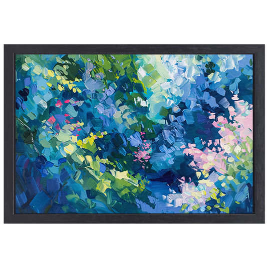 Abstracte kleurrijke bloemenveld schilderij in olie canvas met baklijst