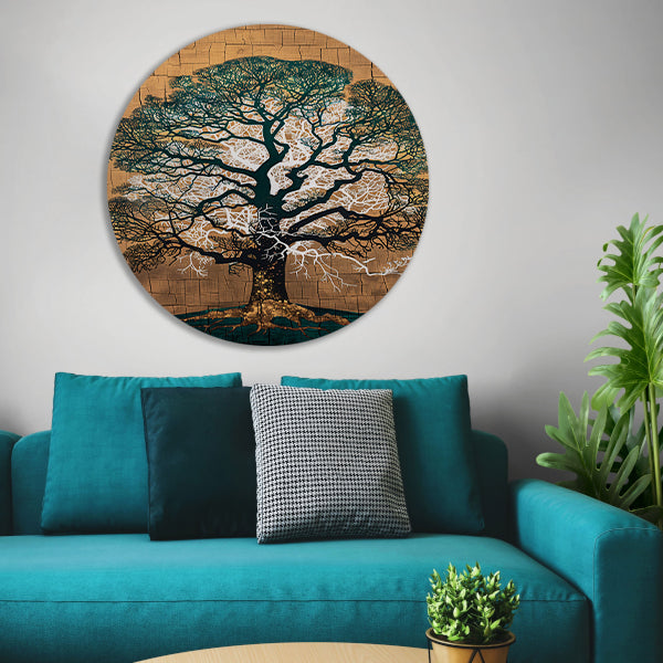 Abstracte boom met kleurrijke achtergrond aluminium muurcirkel